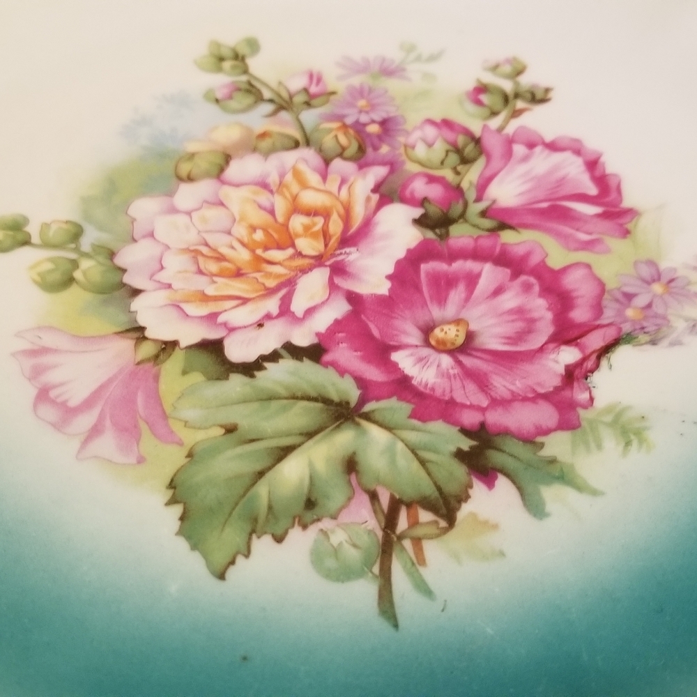Three Crowns Germany  Antique Platter Handles Pink And Teal Roses